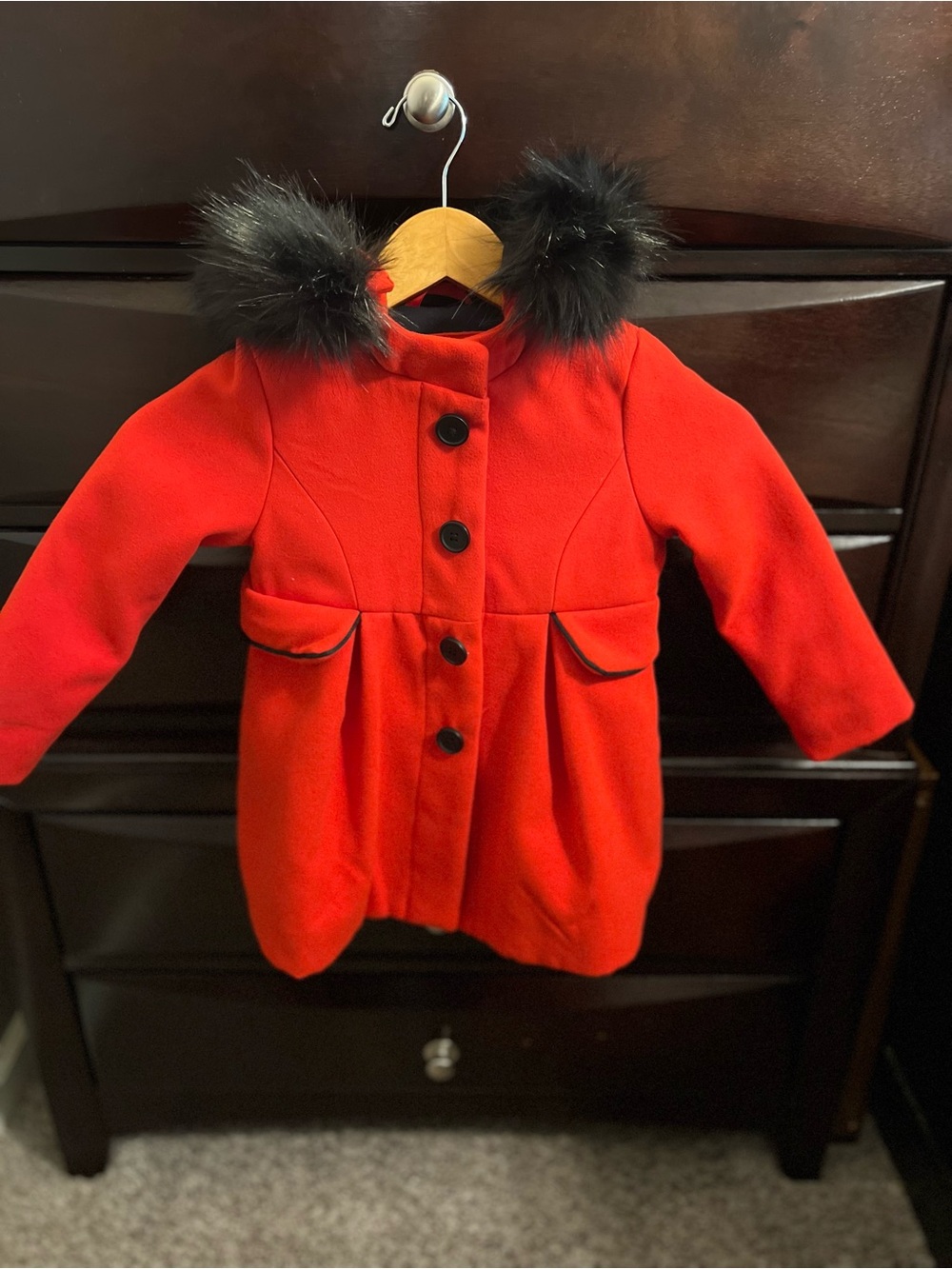 Cat & Jack Red Pea Coat with Faux Fur Hood Trim
